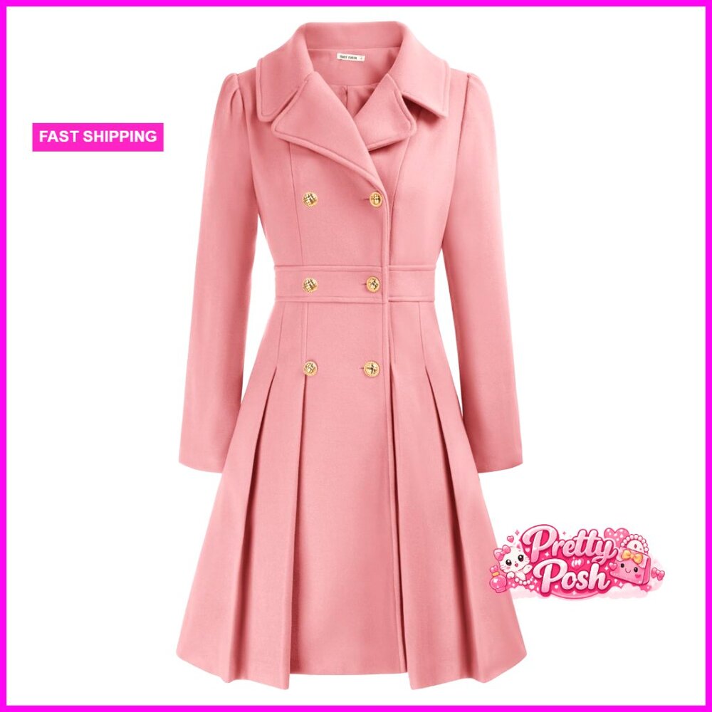 Polyester Blend Trench Coat Notch Lapel Double Breasted A-Line Pea Coat